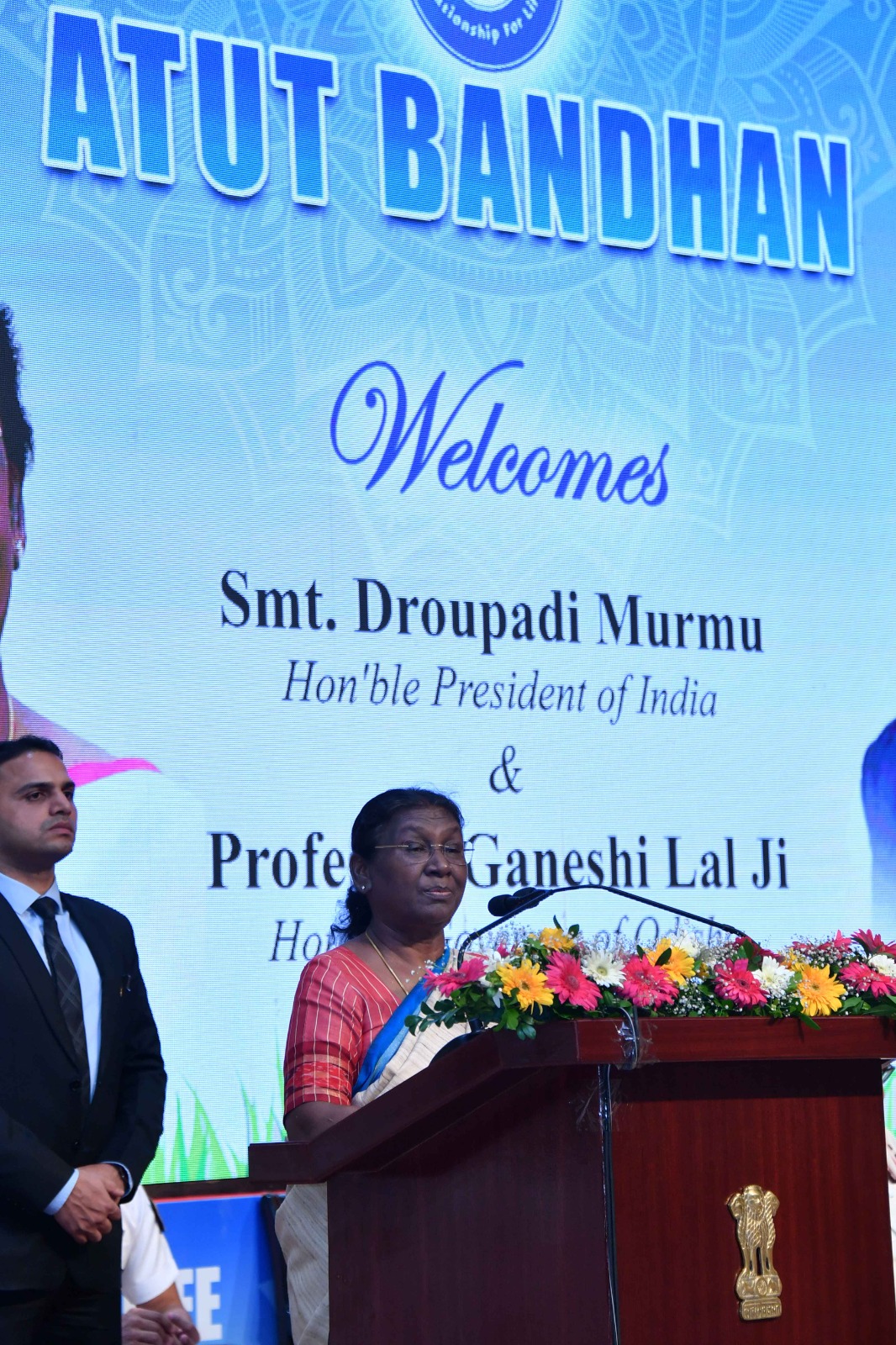 "Her Excellency President Mrs. Draupadi Murmu addressing the members of Atut Bandhan on 25th July 2023, expressing her appreciation for their efforts in supporting deserving medical students."
