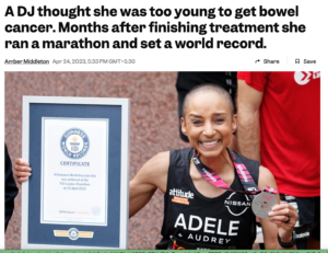 Completing marathon after being treated for cancer https://www.businessinsider.com/bowel-cancer-set-london-marathon-record-stoma-adele-roberts-2023-4